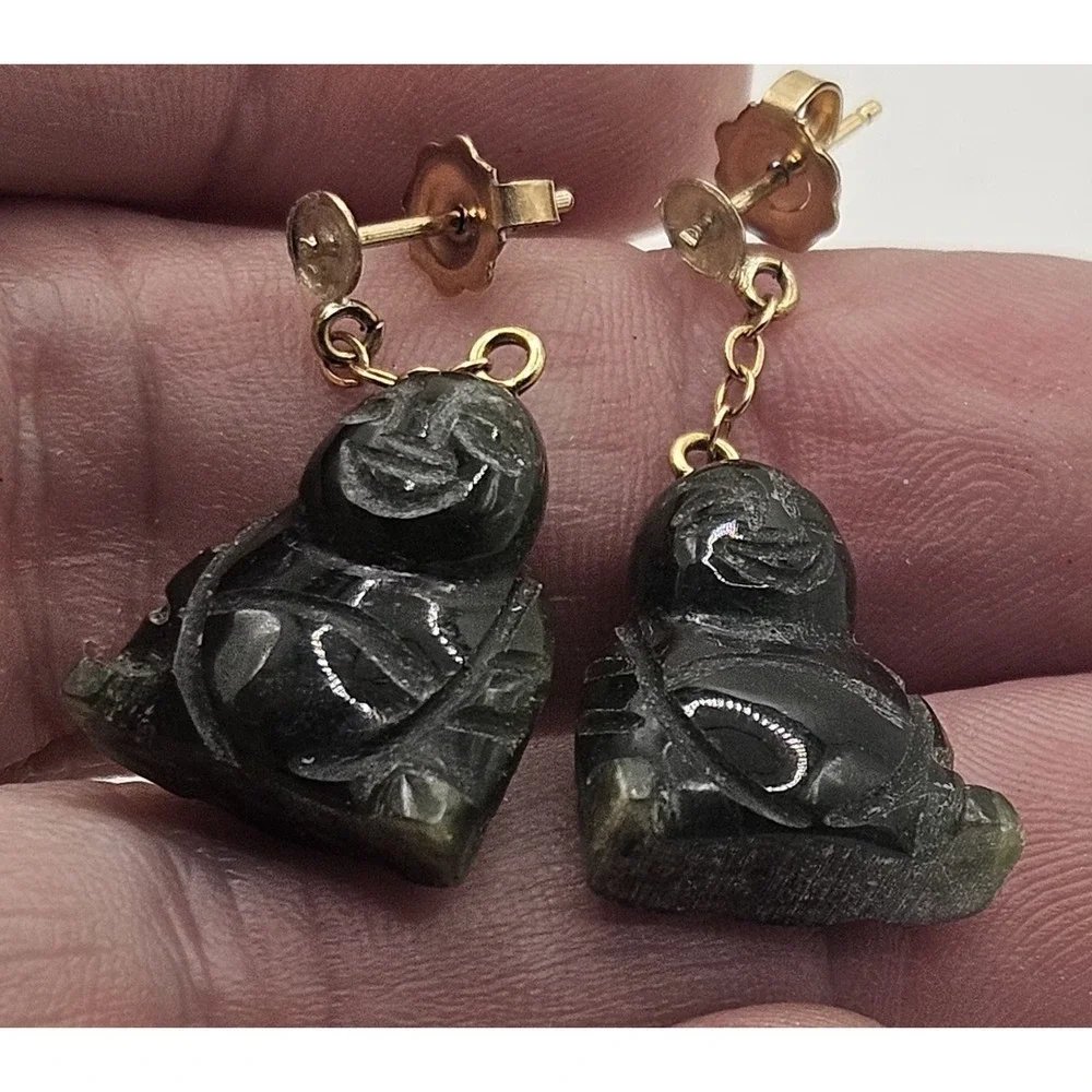 1/20 12k GF Natural Green Jade Buddha Chinese Earrings